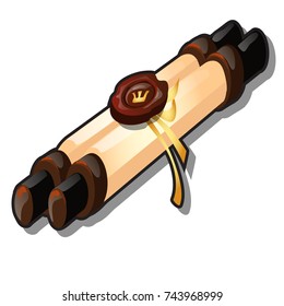 A scroll with a message with wax seal isolated on white background. Vector cartoon close-up illustration.