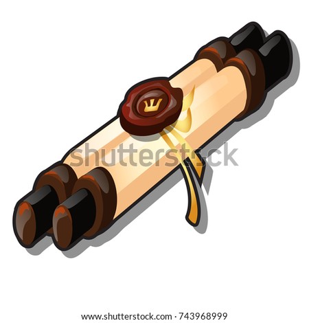 A scroll with a message with wax seal isolated on white background. Vector cartoon close-up illustration.