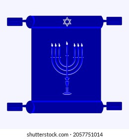 Scroll, Minorah, Star of David - blue on white background - vector. Traditional religious national holiday. Hanukkah.