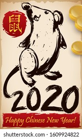 Scroll with mouse drawing in brushstroke style (kanji for "rat" written in Chinese calligraphy) with some gold coins for a prosperous Chinese New Year in 2020.