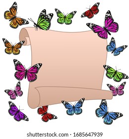 Scroll and multicolored butterflies isolate on a white background. Vector graphics.