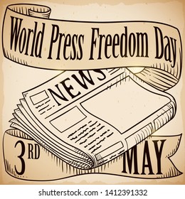 Scroll with newspaper and greeting ribbon around it promoting support to this media and to commemorate World Press Freedom Day this 3rd May.