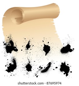 Scroll of old paper and Ink Splat Set