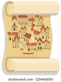 Scroll of old paper with map of an old european city, vector illustration