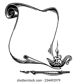 Scroll of old paper, a pen and a candle.
