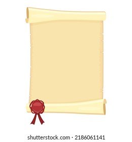 Scroll of old unfolded paper with red sealing wax. Vector illustration of an ancient canvas without text. Antique background for note.