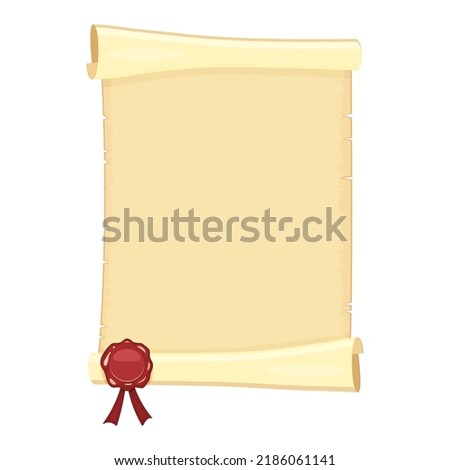 Scroll of old unfolded paper with red sealing wax. Vector illustration of an ancient canvas without text. Antique background for note.