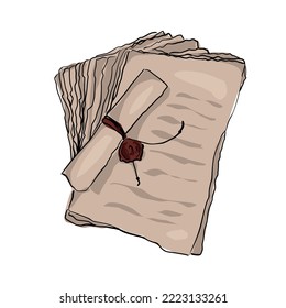 scroll with old vintage papers with red seal. cartoon sketch on a white background
