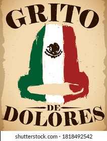 Scroll with painted bell like Mexico's flag, reminding at you to commemorate the 'Grito de Dolores' (texts written in Spanish) as part of Mexico Independence Day.