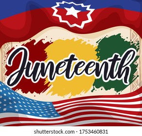 
Scroll with Pan-African colors like paint splashes over it, U.S.A. and Juneteenth flags around it, and greeting to celebrate this special date for American freedom.