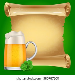 Scroll paper with beer mug and clover