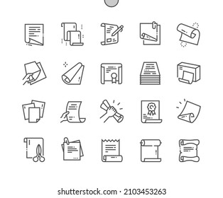 Desplazamiento y papel. Certificado, documento y registro. Limpiar, página, en blanco. Iconos De Línea Delgada De Vector Perfecto De Pixel. Pictograma mínimo simple