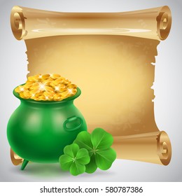 Scroll paper with clover and coin cauldron