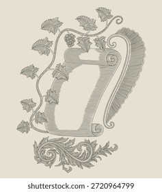 Papel de desplazamiento, coral, árbol de uva y ornamento floral, ilustración de estilo de dibujo de grabado vintage