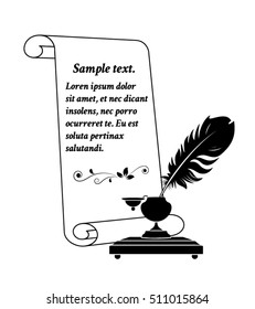 Scroll paper with a feather in antique inkwell. Vector illustration.