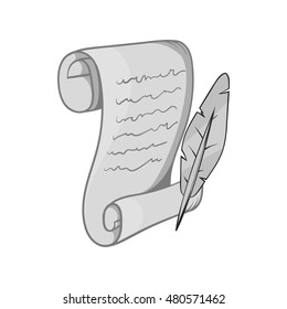 Scroll paper and feather icon in black monochrome style isolated on white background. Document symbol vector illustration