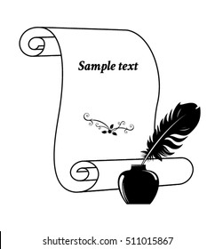Scroll paper with a feather in inkwell. Vector illustration.