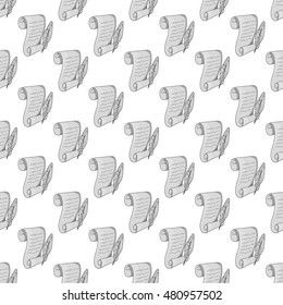 Scroll paper and feather seamless pattern on white background. Document design vector illustration