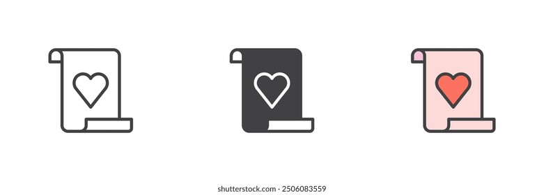 Scroll paper with heart different style icon set. Line, glyph and filled outline colorful version, outline and filled vector sign. Love message symbol, logo illustration. Vector graphics