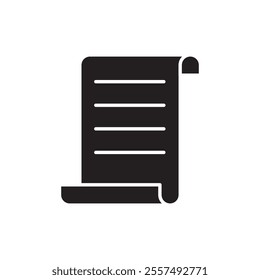 Scroll paper icon. Minimal rolled document. Black vector illustration. Simple flat shape.