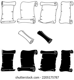 Rollen Sie Papier Symbol Vektorset. Zeichensammlung für Pergament-Illustrationen. Chroniksymbol oder -logo.