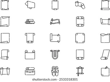 A coleção de ícones de rolagem e papel é uma ilustração vetorial com traçado editável.