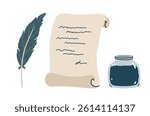 Scroll paper and inkstand with a quill pen isolated on a white background. Vector hand-drawn illustration in flat style. Perfect for decorations, logo, various designs.