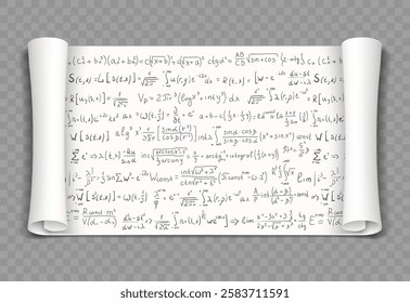 Scroll of paper with mathematical scientific formulas and geometry equations. Isolated on transparent background. Vector illustration.