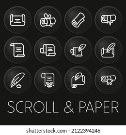 Scroll and paper minimal vector icon on 3D button isolated on black background. Premium Vector
