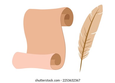 A scroll of paper or old parchment blank for text. An ink quill for writing. An old scroll or papyrus, canvas for the inscription. A template for the design of poetry. Vector illustration of antiques