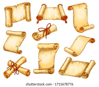 Scroll paper parchment and ancient manuscript rolls, vector sketch icons. Antique medieval paper scroll, or royal letter on rolls with torn edges tied with red laces, blank templates