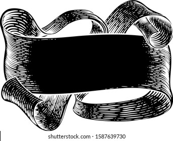 A scroll paper or parchment banner in vintage woodcut etching style