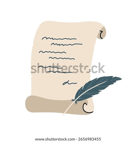 Scroll paper with a quill pen isolated on a white background. Vector hand-drawn illustration in flat style. Perfect for decorations, logo, various designs.