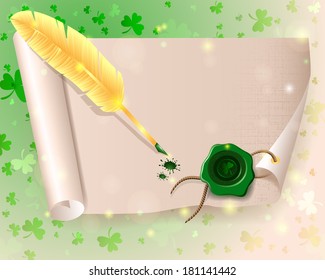 scroll paper with seal of sealing wax mark St. Patrick and golden pen
