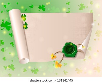 scroll paper with seal of sealing wax mark St. Patrick's Day beautiful background with shamrocks
