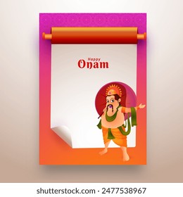Diseño de tarjeta de felicitación de estilo de papel de desplazamiento con ilustración del rey Mahabali para los deseos del festival Onam.