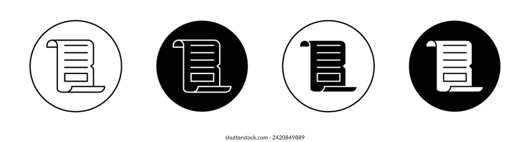 Scroll Papyrus Paper Icon set. Old Ancient Manuscript medieval Record Vector Symbol in Black Filled and Outlined Style. Historic Document Writing Sign.