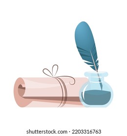 Eine Rolle aus Pergament und Tintenfisch mit einem Stift, Vektorgrafik einzeln auf weißem Hintergrund