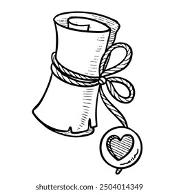 Scroll of parchment sealed with a wax seal with a heart line doodle by hand. Image produced without the use of any form of AI software at any stage.