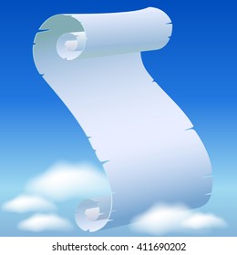 Scroll parchment with torn edges in the blue sky
