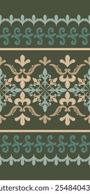 Scroll Pattern Interweaves Between the Fleur de Lis, featuring intricate, curling designs reminiscent of classical baroque and rococo style. Shades of Green and Gold making it perfect for high-end 