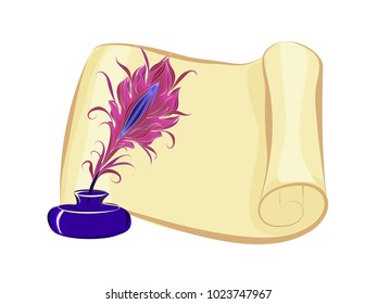 Scroll pen with ink. Vintage vector background with ancient instruments.