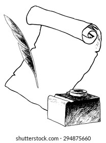 scroll, pen and inkwell 