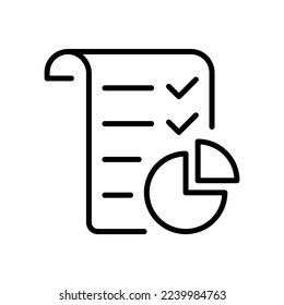 Scroll with pie chart. Diagram, analysis, report, audience analytics, bar, pie, flipchart, growth, arrow up, visual aid, business. Infographic concept. Vector line icon on white background