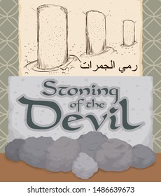 Scroll with pillars drawing -or jamarat-, pebbles and stone slate depicting the Stoning of the Devil (written in Arabic) ritual to perform during Hajj pilgrimage.