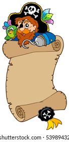 Scroll with pirate and parrot - vector illustration.