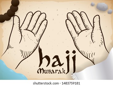 Scroll With Praying Hands Gesture With Symbolic Elements For Hajj Pilgrimage: String Beads, Rocks, Water Of Zamzam Well And Ihram White Cloth.