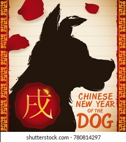 Scroll with a puppy drawn in brushstroke style and some rose petals to celebrate Chinese New Year of the Dog (written in Chinese calligraphy inside the stamp).