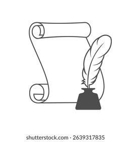 Scroll and quill in inkwell graphic icon. Literary logo isolated on white background. Vintage symbol. Vector illustration