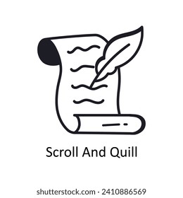 Dibujo de diseño del doodle del contorno del vector Scroll And Quill. Símbolo del archivo EPS 10 de fondo blanco